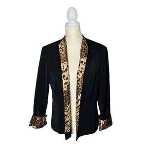 Jessica Howard Black Padded Shoulder Women’s Blazer Jacket Open Front Leopard 14